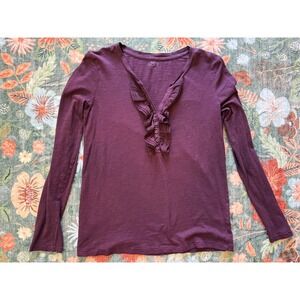 Ann Taylor LOFT Womens Plum Purple Ruffle V-Neck Long Sleeve Cotton Top Size M